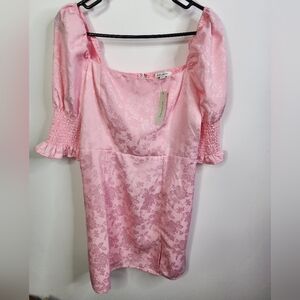 Pink Floral Puff Sleeve Dress, Medium, Smocked, Satin Look